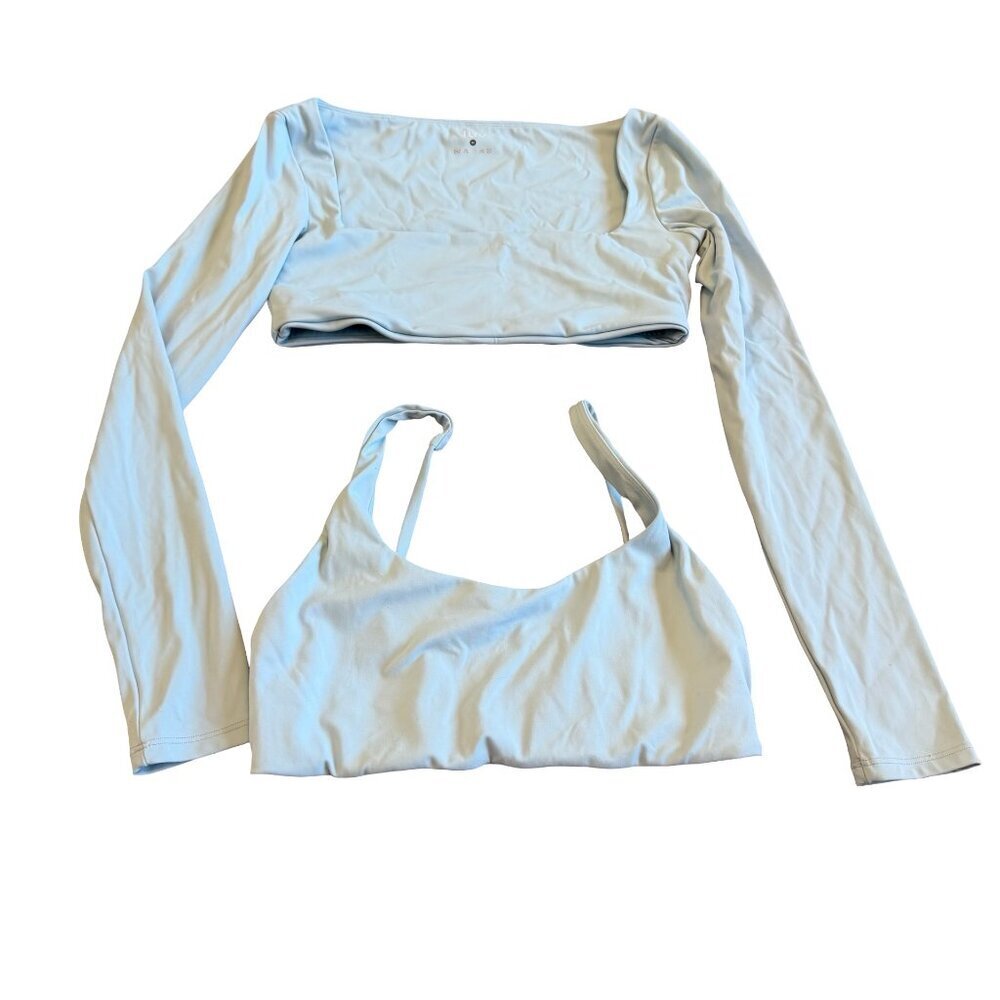MW Made With Luv Blue Two Piece Workout Shirt Set Bra Long Sleeve Size Medium